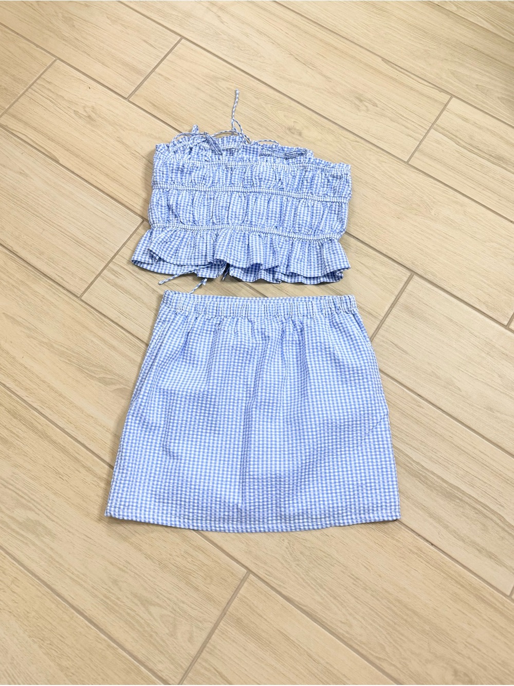 No Boundaries Blue White Gingham 2 Piece Skirt Set Smocked Crop Top S